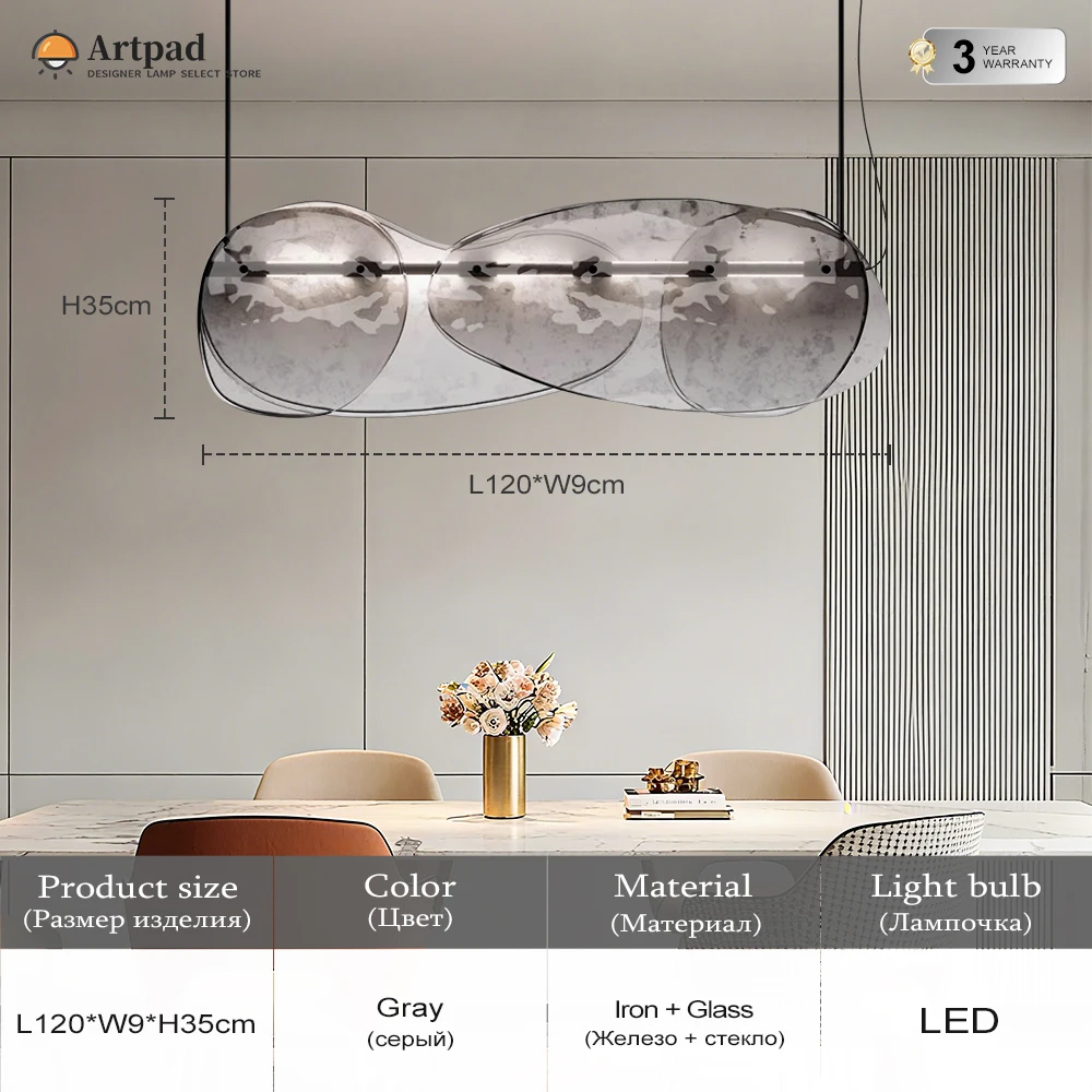 

Итальянский современный подвесной светильник для столовой, кухонного стола, острова, многослойный прозрачный серый стеклянный подвесной светильник, длинная светодиодная люстра