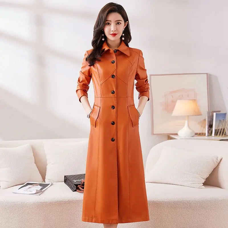 Новая осенняя длинная кожаная куртка больших размеров женская зимняя ветровка