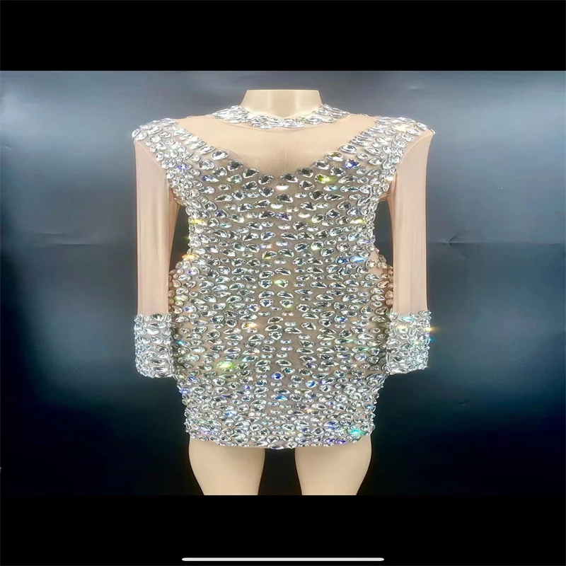 

Q421 Singer Long Sleeves Bodysuit New Rhinestones Bar Diamonds Elastic Stretched Tight Siamese Leotard See-Through Party Perform