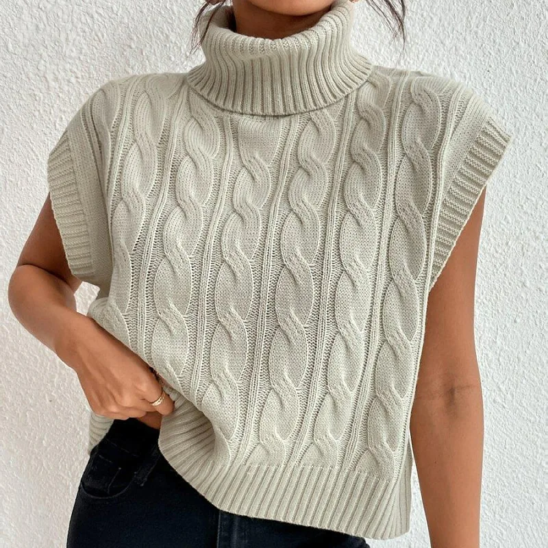 

2023 Autumn Women Turtleneck Sweater Waistcoat Twisted Elegant Sleeveless Knitted Pullover Female Winter Jumper Trendy Sweaters