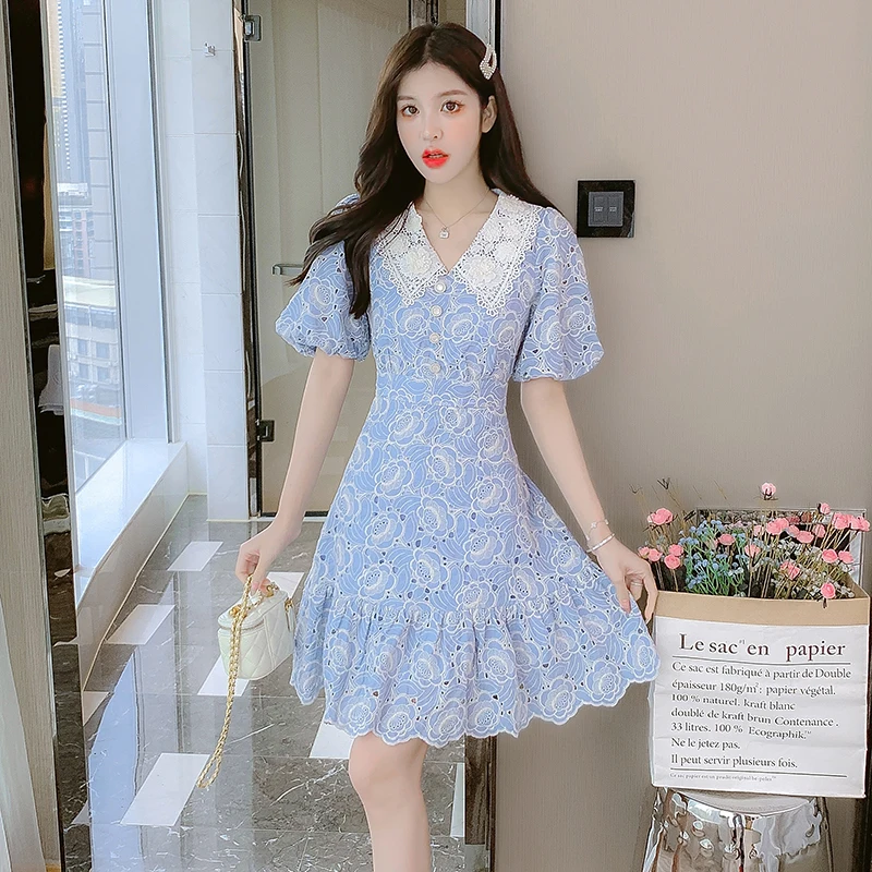 

Runway French Hollow Out Luxury Women's Summer Brand Dress Embroidery Lace Collar Mesh Sweet Ruffle Dress Female Vestido