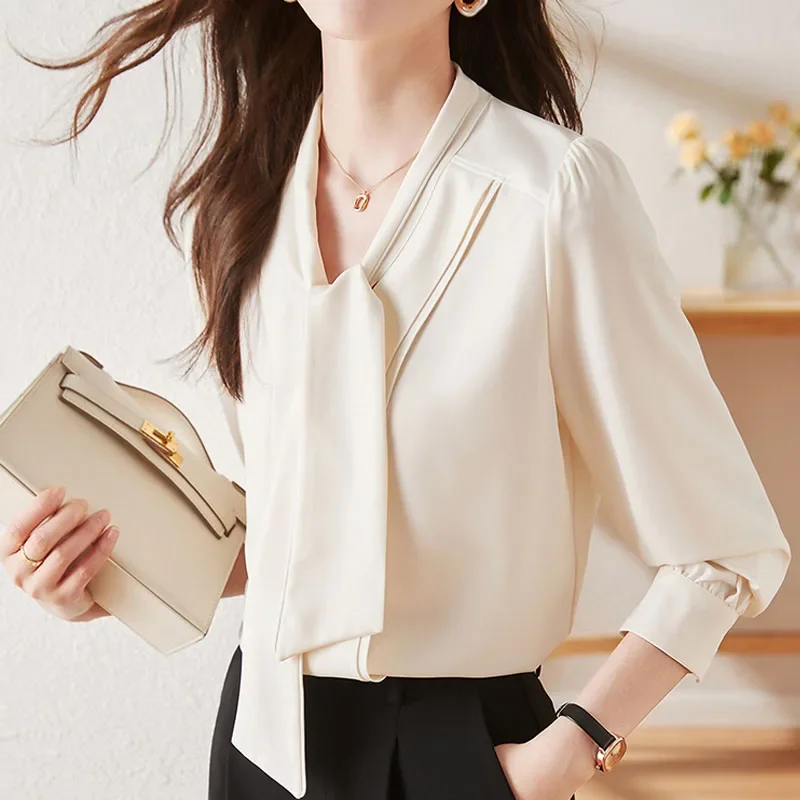 Модная женская блузка с v-образным вырезом и длинным рукавом шифоновая на