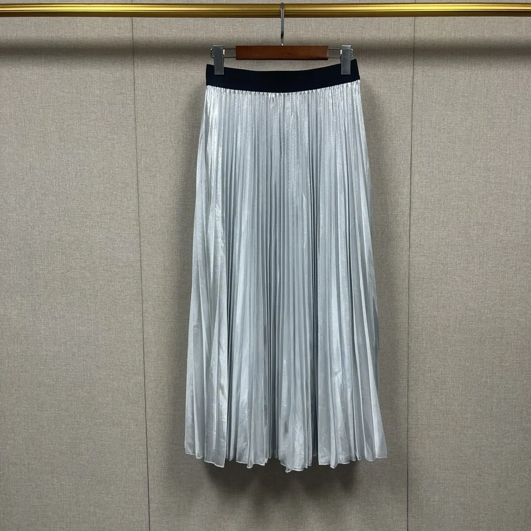 

Women Elastic Waist Glossy Silver All-match Pleated Midi Skirt