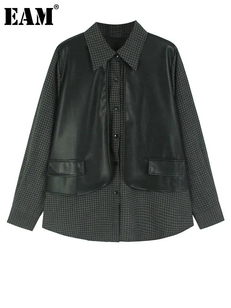 [EAM] Женская черная клетчатая повседневная блузка из искусственной кожи большого