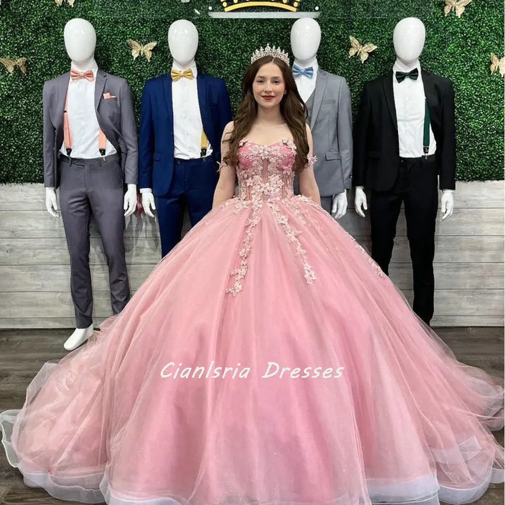 

Pink Off The Shoulder Illusion Corset Quinceanera Dress Ball Gown Appliques 3D Flowers Sweet 16 Vestidos De XV Años