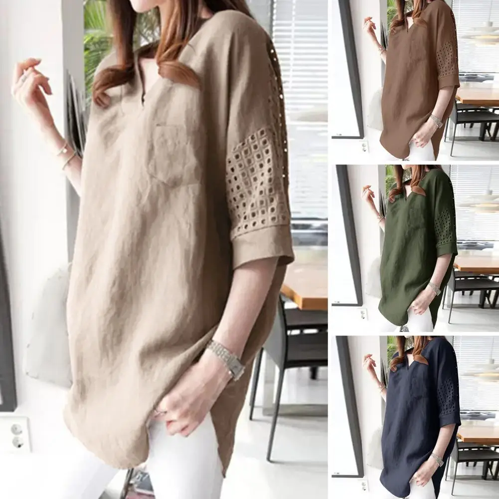 

Versatile Solid Color Top Chic Comfy Women's V-neck Lace Tops with Side Split Hem for Casual Wear Everyday Style Women Casual