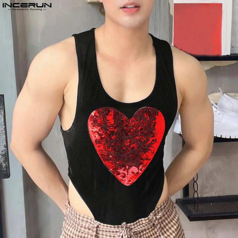 2023 Men Bodysuits Sparkling Sequin O-neck Sleeveless Rompers Tank Tops Streetwear Fitness Sexy Male Bodysuits S-5XL INCERUN