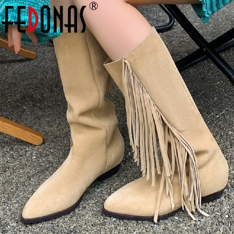 

FEDONAS Brand New Women Mid-Calf Boots Fashion Popular Fringe Cow Suede Leather Party Casual Shoes Woman Pointed Toe Low Heels