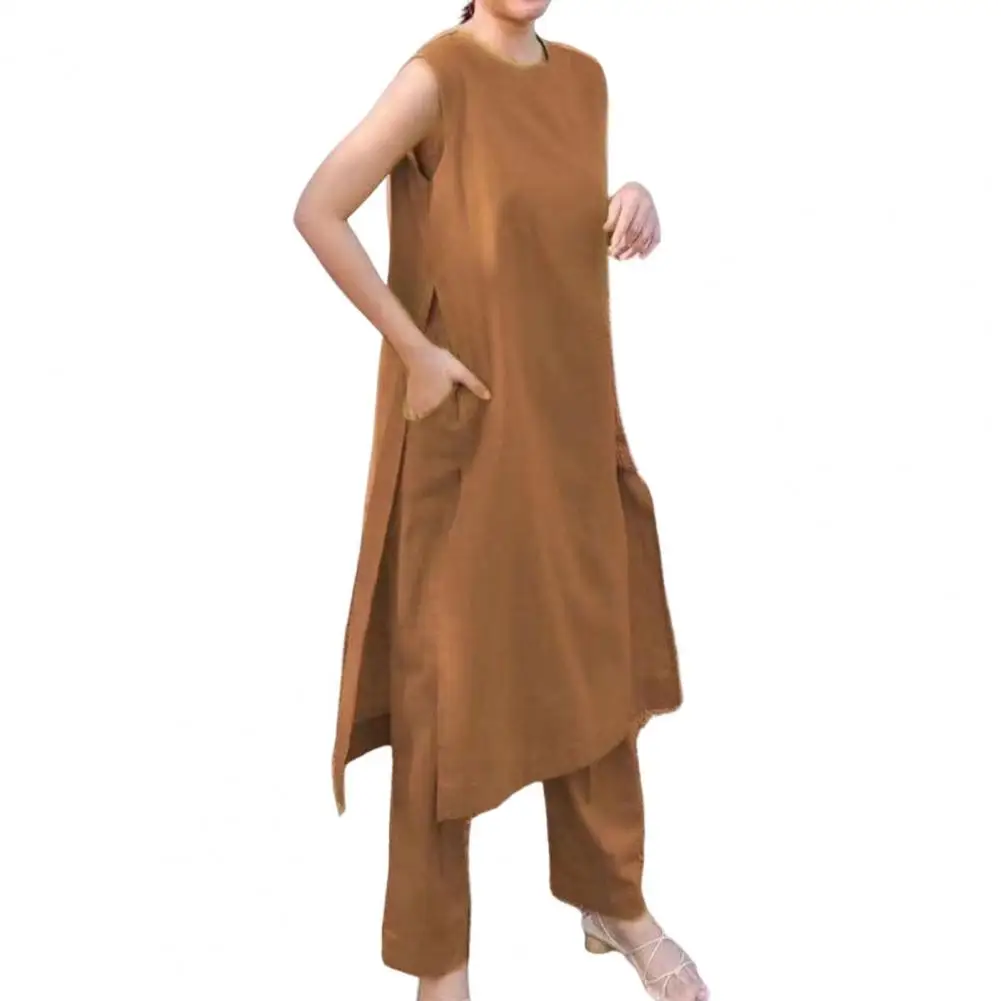 

2 Pcs/Set Chic Sleeveless Crew Neck Lady T-shirt Trouser Set Top Pants Suit Cool Oversized