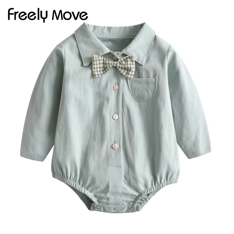 

Freely Move Spring Baby Boys Clothes Tie Gentlemen Solid Baby Bodysuit Korean Long Sleeve Turn Down Collar Baby Jumpsuit