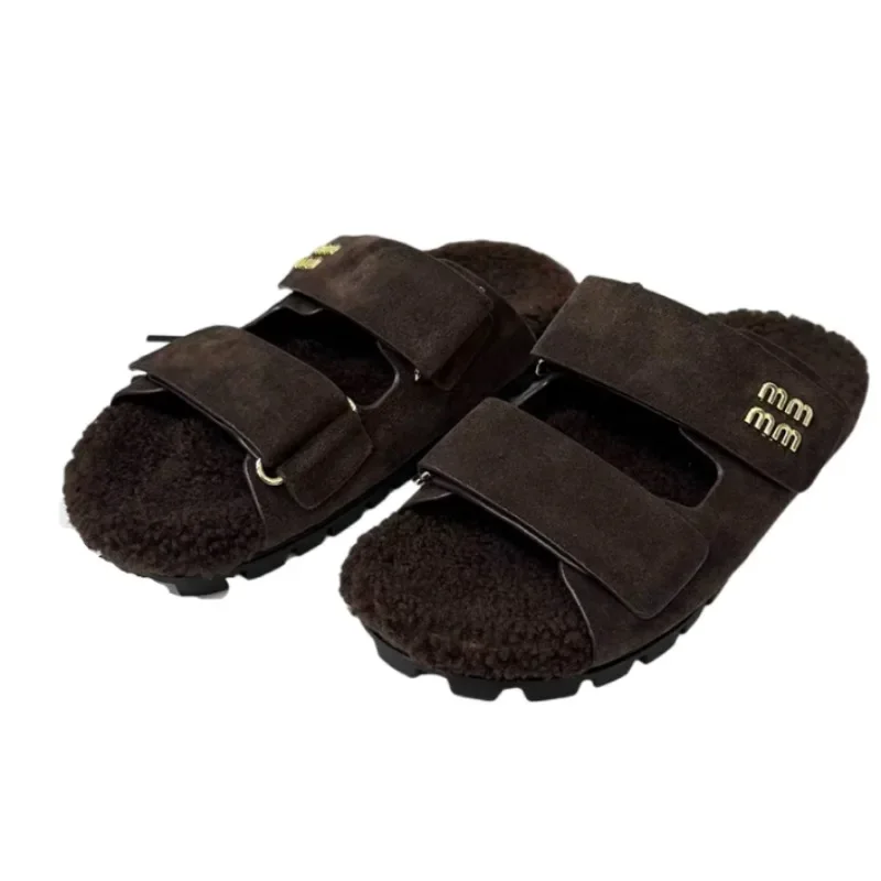 Женские замшевые меховые тапочки на плоской подошве повседневные туфли-лодочки