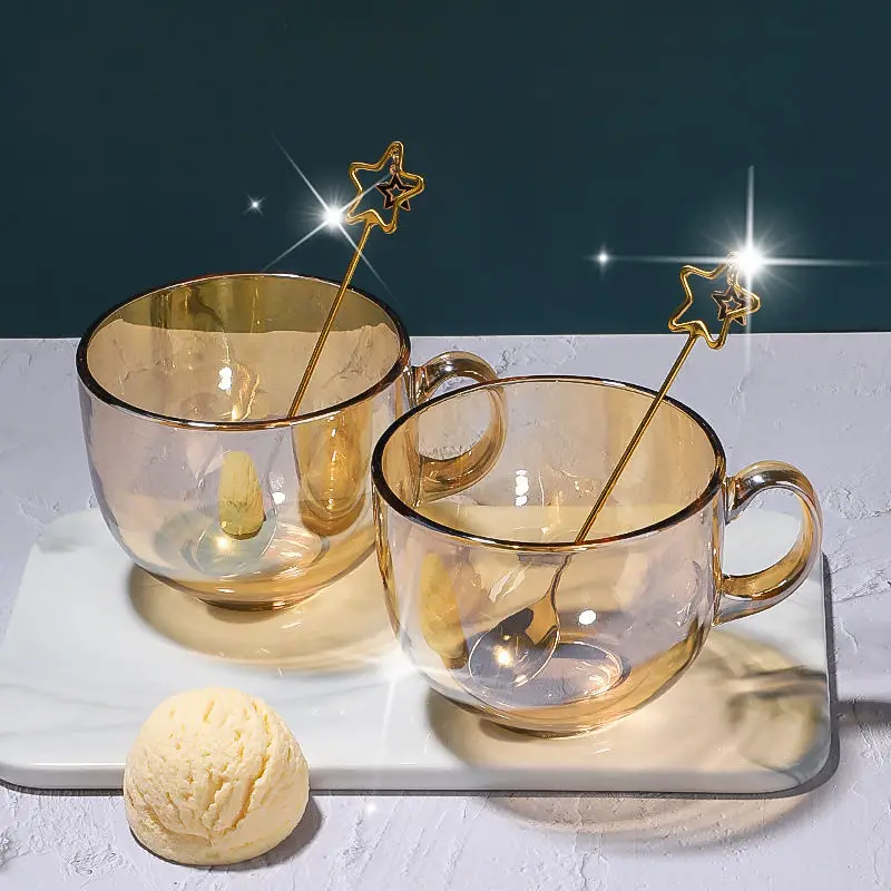

Glass Large Capacity Breakfast Mug Household Handle with Lid Spoon Coffee Cup Whisky Cocktail Beer Glass Transparent Cup