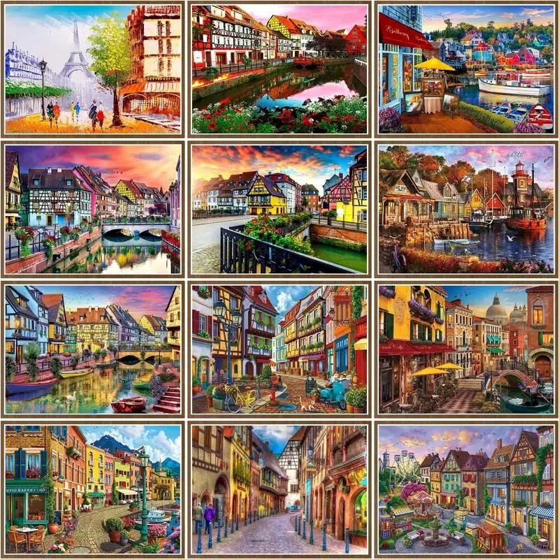 

CHENISTORY Oil Painting By Number Color Town Landscape Kits Handpainted Diy Gift Picture By Number House On Canvas Home Decor