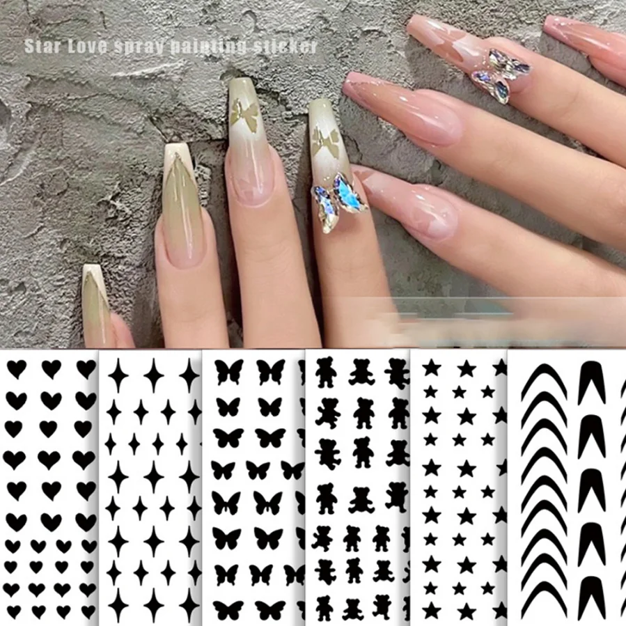 

Template Inkjet Nail Art Sticker Hollow Heart Butterfly Bear Stars French 3D Charm Nails Decal Sliders DIY Manicure Decora Tips