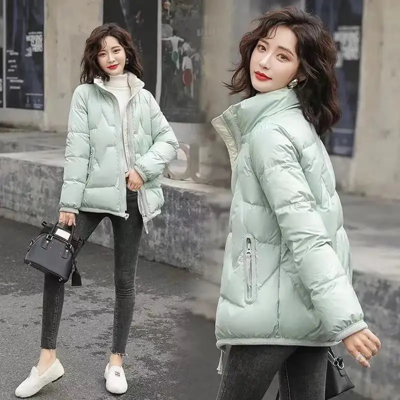 Korean Loose Stand-up Collar Coat Shiny Cotton Down Pockets To Keep Warm Women's Short Style Plus Velvet Thick Women's Trend