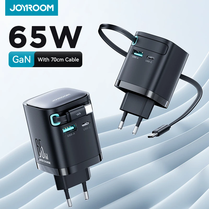 Зарядное устройство GaN Joyroom PD 3.0 65 Вт с выдвижным кабелем USB C настольное зарядное