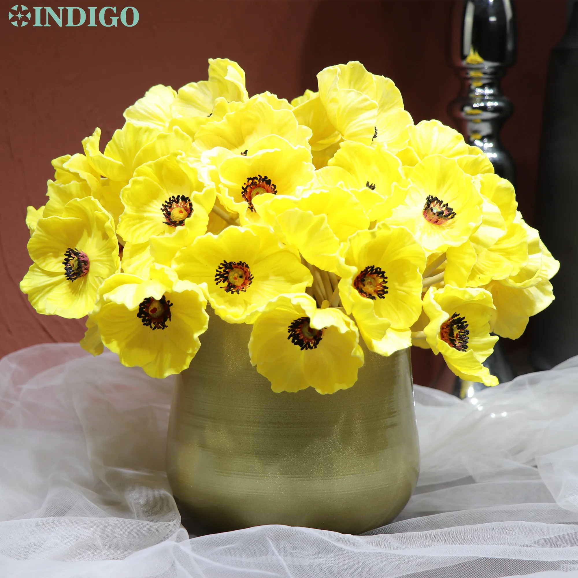 

45PCS+ Metal Pot Yellow Anemone Bonsai Bouquet Table Decoration Wedding PU Artificial Flower Floral Event Party Flower - INDIGO
