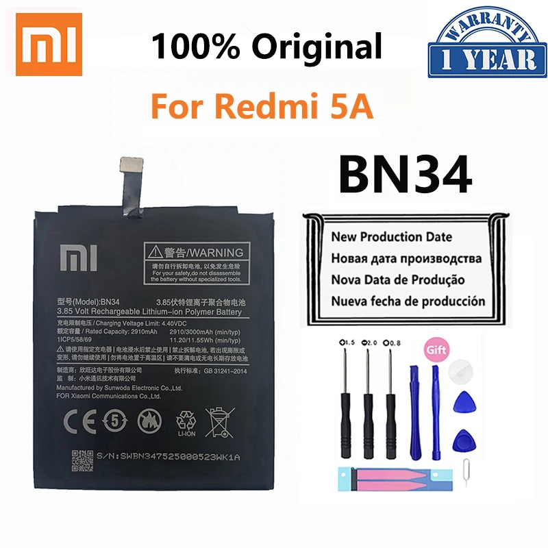 

100% Original Xiao Mi Battery BN34 3000mAh for Xiaomi Redmi 5A Redmi5A 5.0" High Quality Phone Replacement Batteries