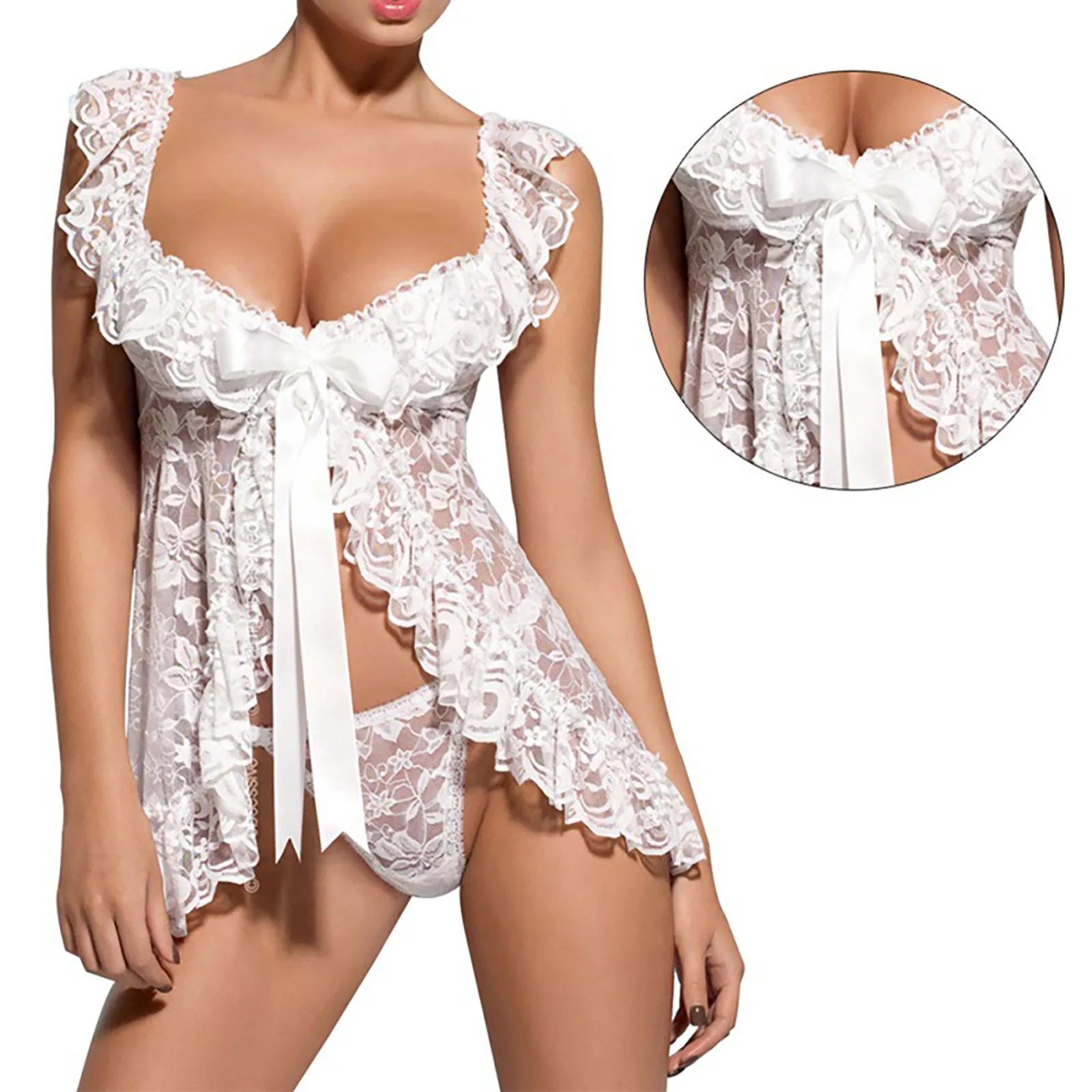 

Ladies Sexy Lace Pajamas Women's Lace-up Mesh Pajamas Sexy Lingerie Set See-through Nightdress + Thong Erotic Babydoll Pajamas