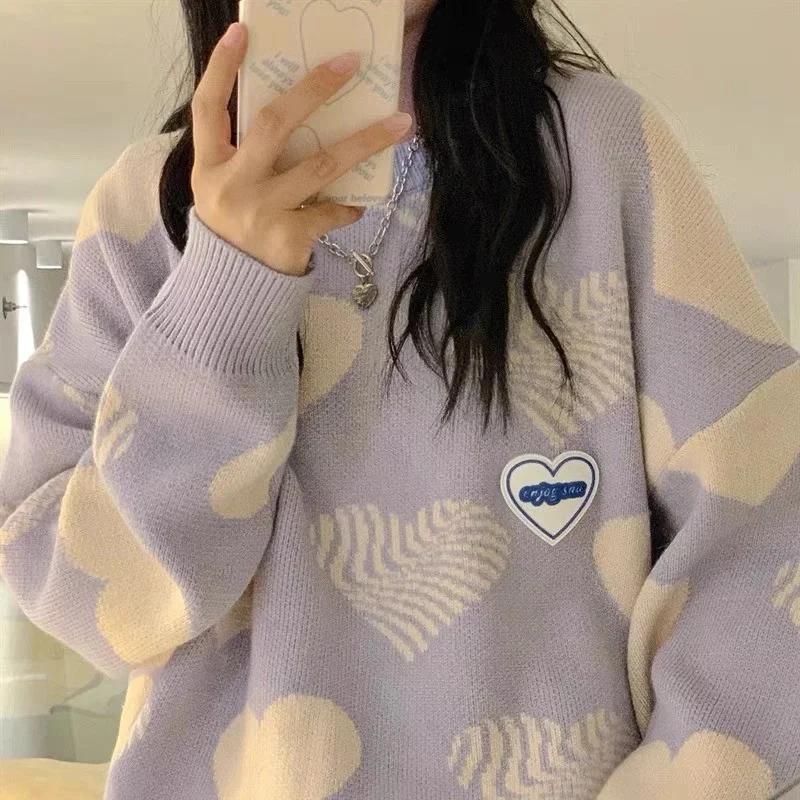 

Lovely Heart Print Pullovers Round Collar Knitted Sweater Korean Goth Winter Women High Quality Loose Cute Knitwear Jumpers Teen