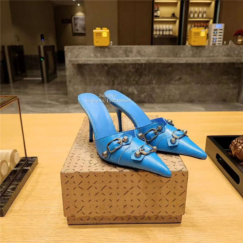 

New High Heels Pointed Toe Pumps Women's Slingback Stilettos Sandals Deep Mouth Large Size Rivet Metal Decoration Ladies Shoes
