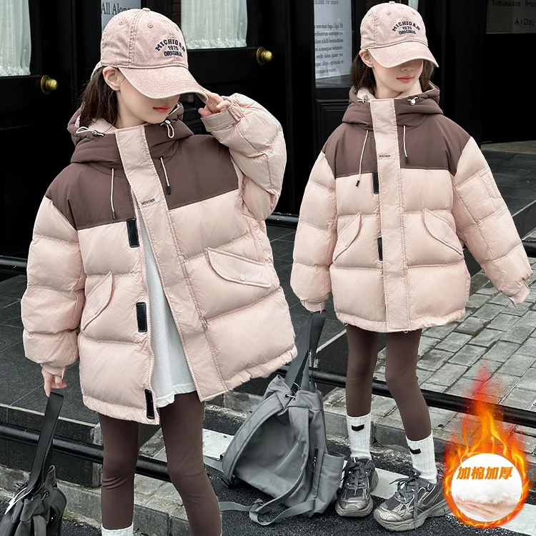 Women Big Children Winter Color Matching Hood Cotton-Padded Coat 2024 New Medium and Western Sle Thickened dow...