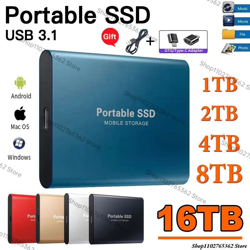 

128TB Mini Portable SSD USB 3.1 64TB High-speed Mobile Solid State Drive 16tb External Hard Drive Type-C for Notebook Laptop Mac
