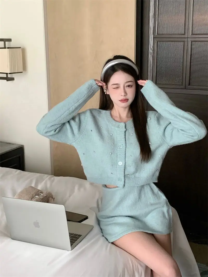 Korejpaa синяя женская одежда короткий вязаный свитер с бриллиантами