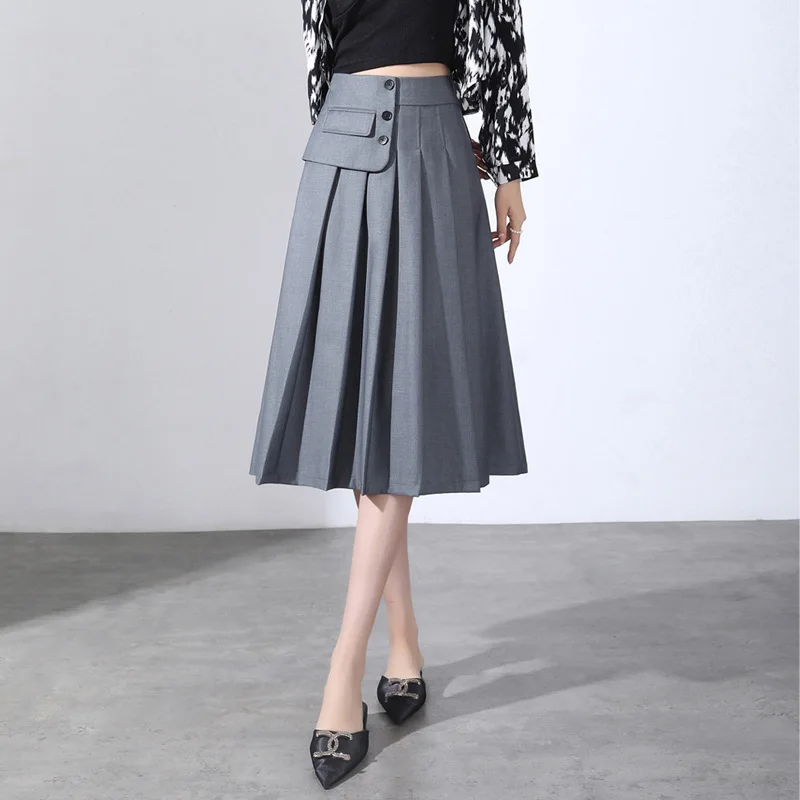 

Elastic High Waisted Suit Pleated Skirt for Women 2022 Autumn Elegant Loose Casual Office Lady Black Gray Long Skirts 4XL 2639