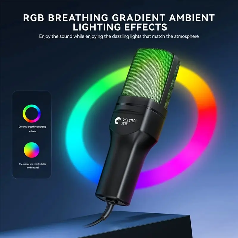 Игровой микрофон Yanmai Tripod RGB с USB-подключением для живой записи, с интеллектуальным шумоподавлением, для мобильных устройств, ПК, ноутбуков, стриминга (art.: 3920dbac12e7b) - 3920dbac12e7b