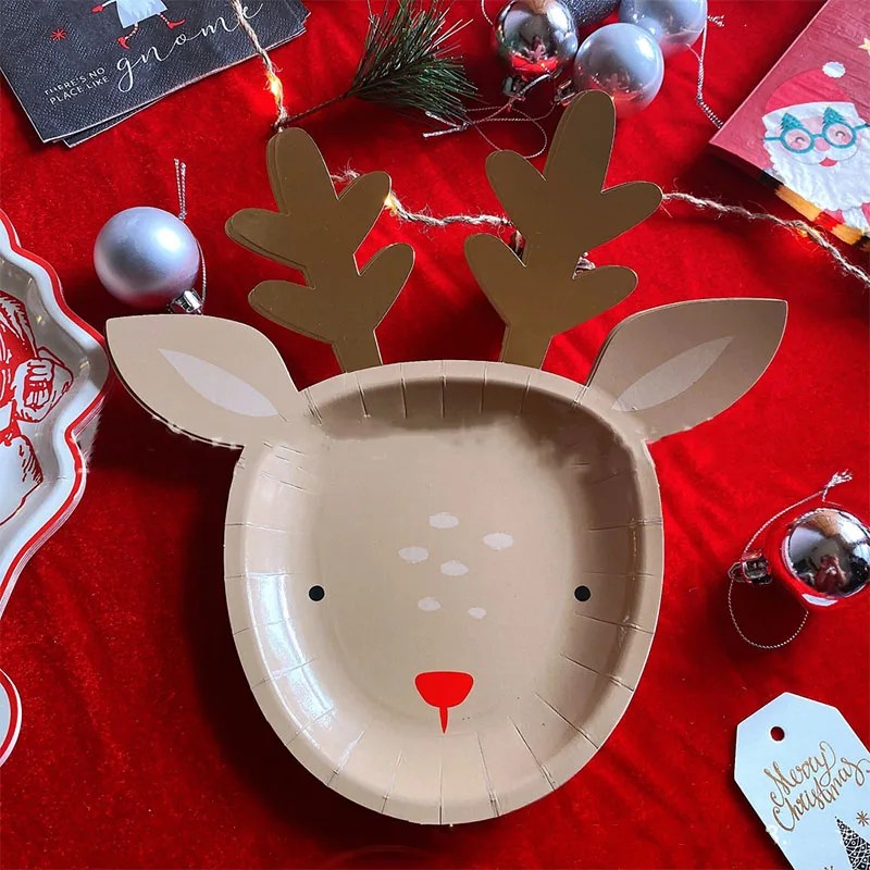 

8Guest Christmas Deer Disposable Tableware Cartoon Elk Paper Plate Merry Christmas Kids Favor Decor Happy New Year 2023