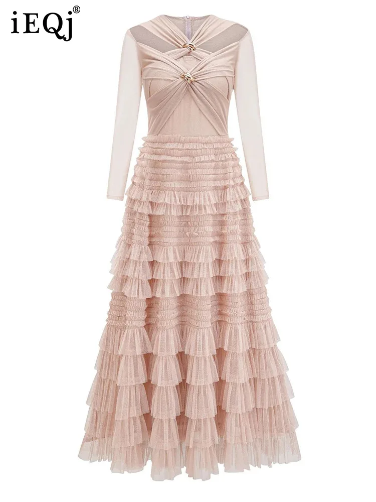 IEQJ однотонное кружевное сетчатое платье для женщин элегантное с круглым вырезом