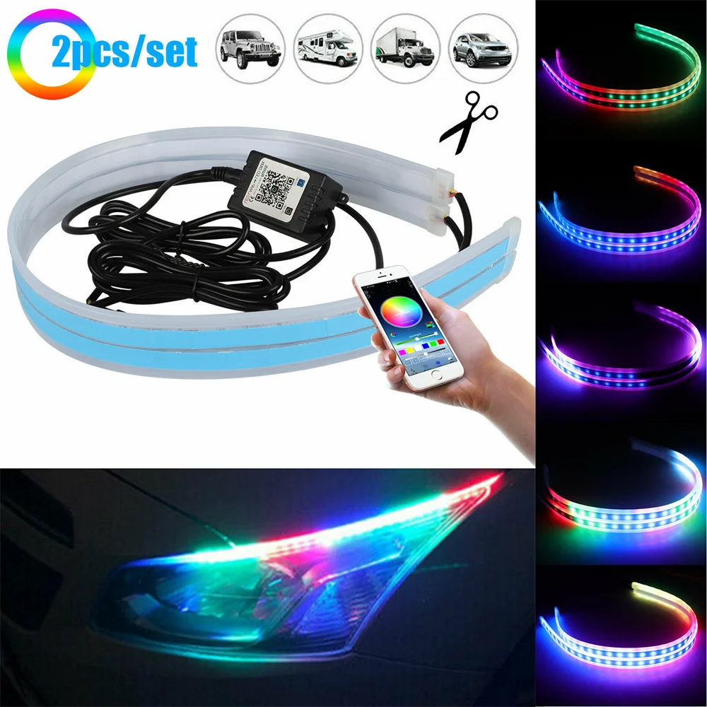 

2Pcs 60CM 24in RGB Flexible LED Headlight Strip Decorative Lamp Turn Signal Lights Alarm Signal Lamp Guide Strips Shadow Styling