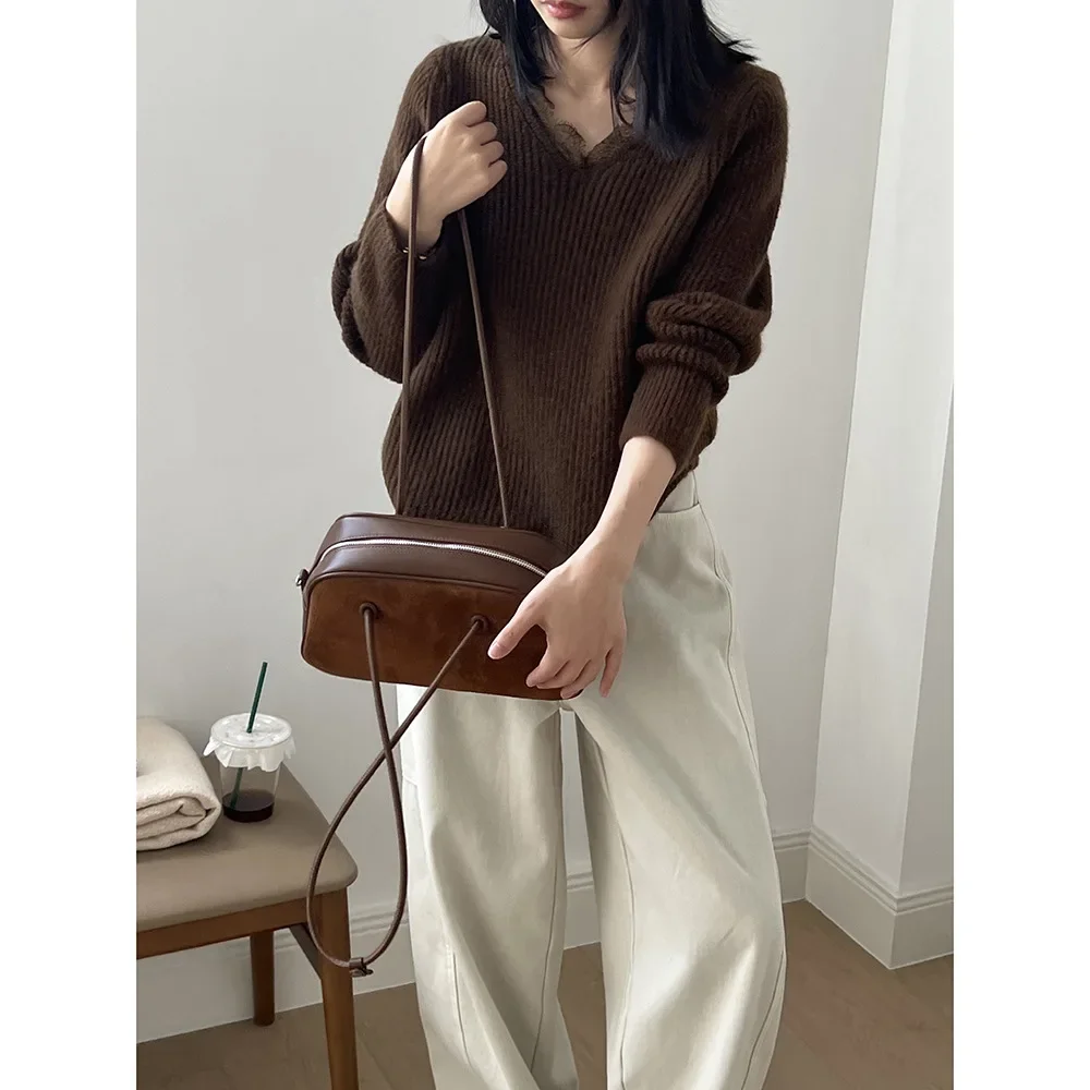 Женская одежда кружевной лоскутный свитер с v-образным вырезом новинка