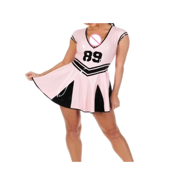 

Handmade Rubber Dress Latex Women Cosplay Cheerleading Short Slevees Baby Pink with Black Size XXS-XXL