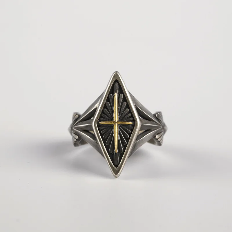 

Retro Silver Color Cross rhomb Ring for Men's Trend Vintage Couples Creative Personality Punk Jewelry Resizable Ring Accessories