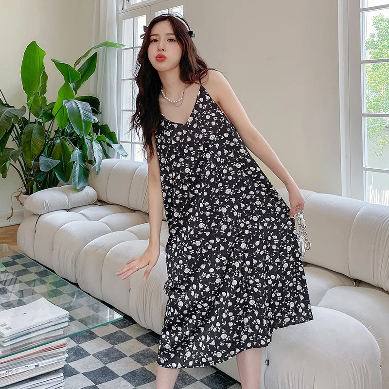 

Print Flower Spaghetti Strap Long Nightdress Nightgown Black Sleepwear Summer Female Sleepwear Nightwear Loose Satin Home Dress