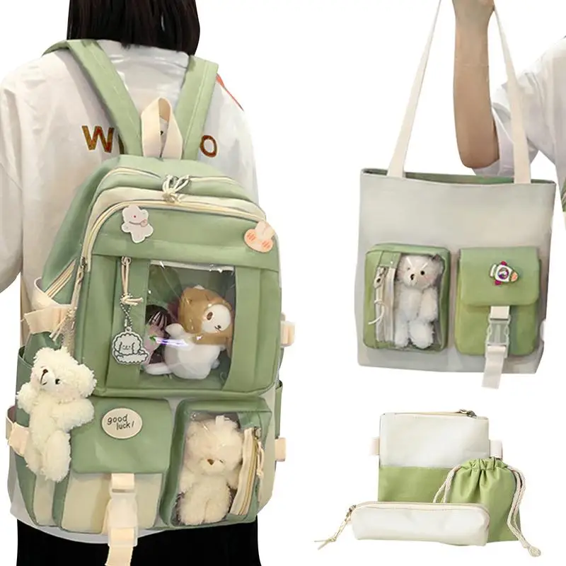 

Cute Kawaii Backpack For School 5pcs/set Canvas School Backpack Large Capacity Schoolbag With Shoulder Bag Pencil Bag Tote Bag