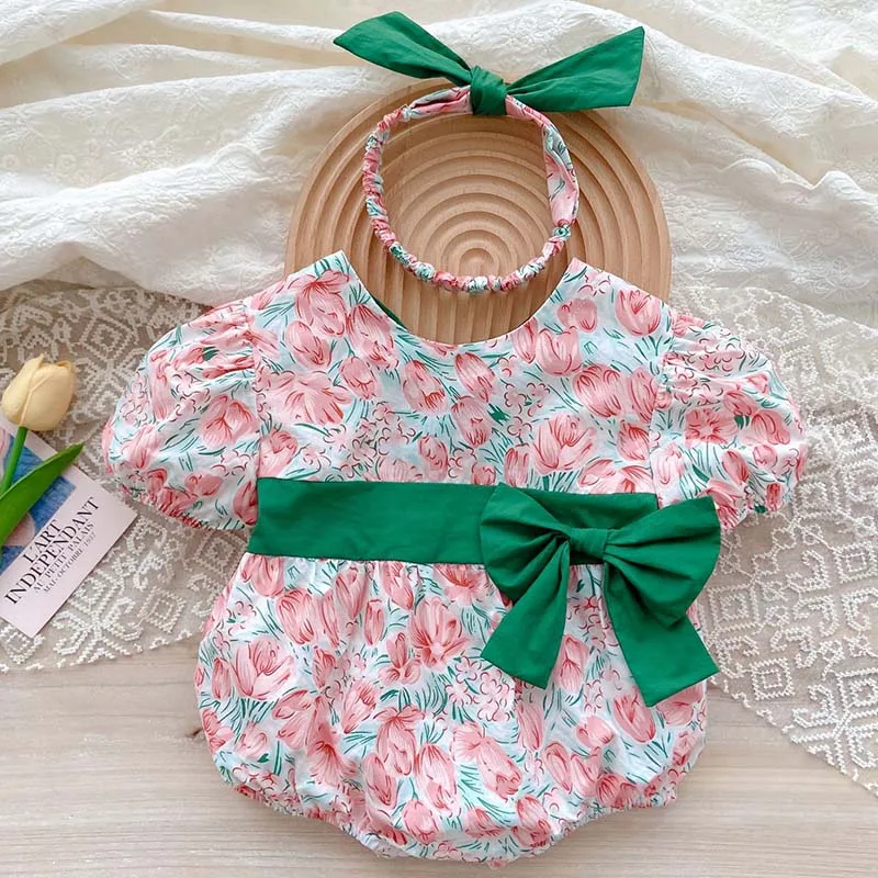 

Baby Girl Rompers Cute Bow Floral Short Sleeve Jumpsuits Cotton Princess Baby Girl Clothes One-piece Summer New Fashion Clothing