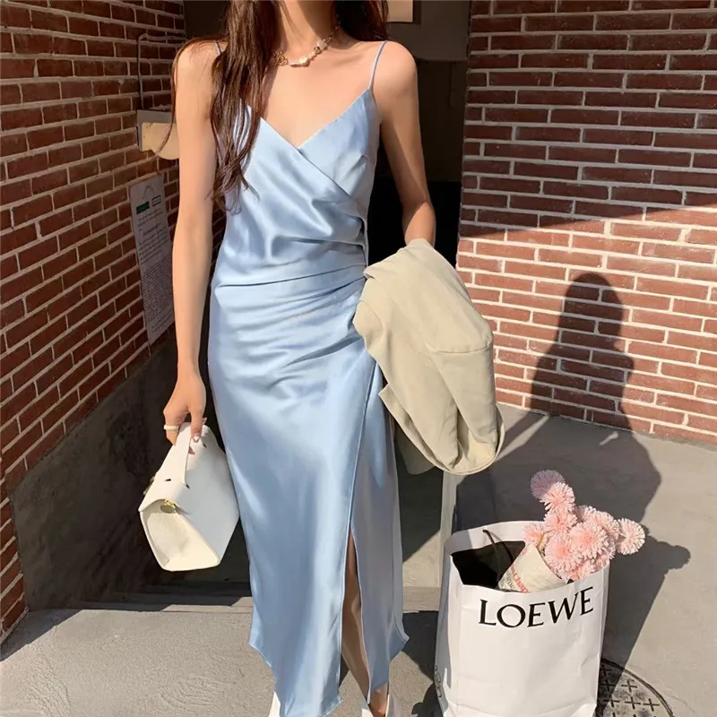 

Американское сексуальное шелковое платье с глубоким вырезом и разрезом, летние элегантные вечерние платья на бретелях-спагетти, атласное п...