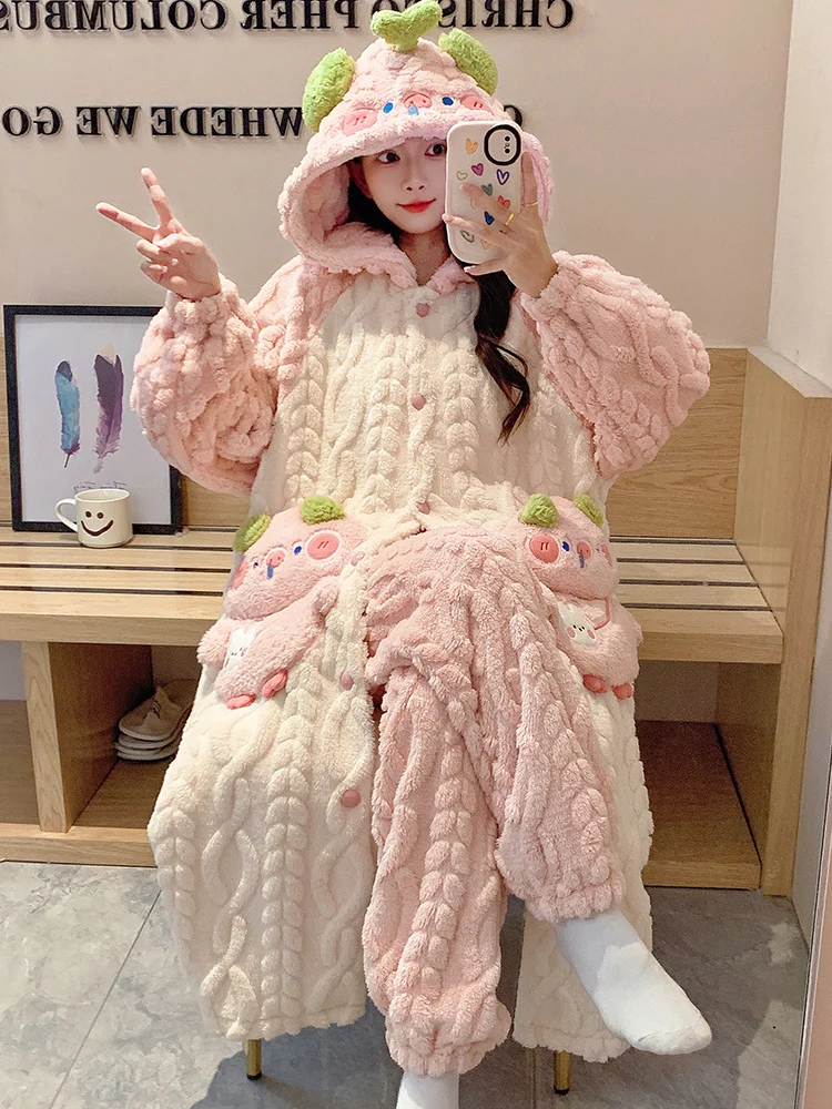 Coral Fleece Pajamas Autumn and Winter Women Thickened Cartoon Cute Hood Long sleeve Nightgown Flannel Home Wear Set