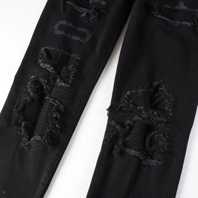 High Street Fashion Men Jeans Black Punk Trousers Elastic Slim Fit Ripped Jeans Men Patched Designer Hip Hop Brand Pants Hombre