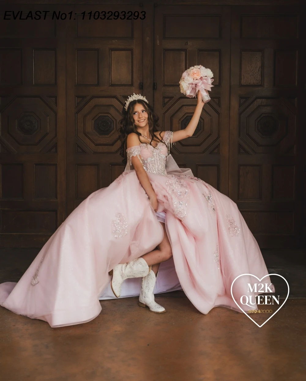 Фото EVLAST индивидуальное мексиканское розовое платье Quinceanera, бальное платье с кружевной цветочной аппликацией и бантом из бисера, Sweet 16, Vestidos De 15 Anos E1QN532 №5