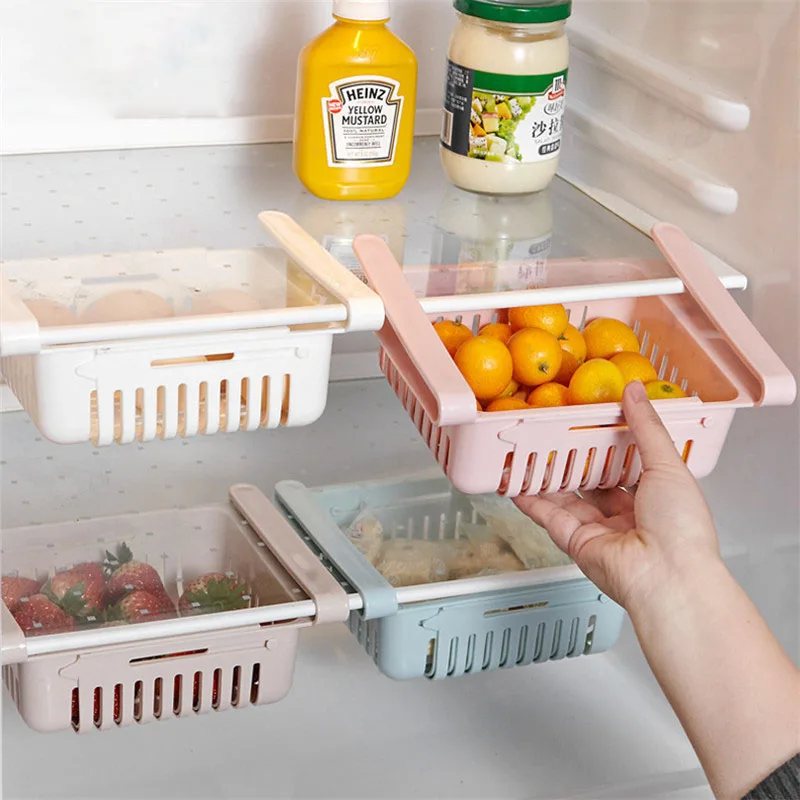 

Kitchen Organizer Adjustable Kitchen Refrigerator Storage Rack Fridge Freezer Shelf Holder Pull-out Drawer Organiser Space Saver
