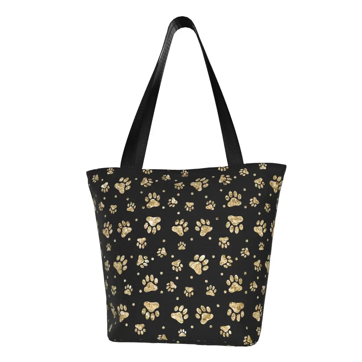 

Reusable Glitter Gold Dog Paw Shopping Bag Women Shoulder Canvas Tote Bag Durable Animal Lover Groceries Shopper Bags