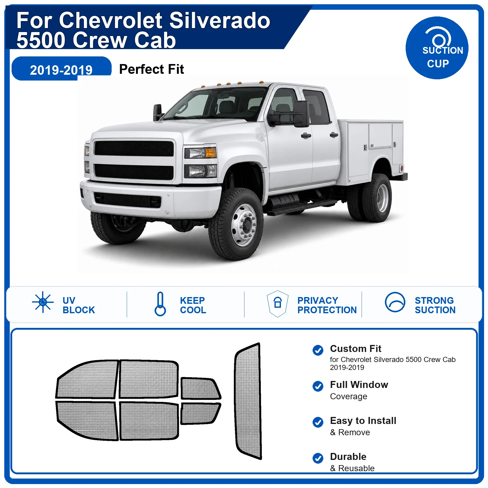 Фото Для Chevrolet Silverado 5500 Crew Cab 2019-2019: Полный комплект солнцезащитных шторок на лобовое стекло из алюминиевой фольги, теплоизоляционные, с защитой от УФ-излучения, складные №1
