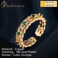 luxury retro classic opening rings for women men copper 18k gold plating inlaid with green zircon hollow rings wedding party