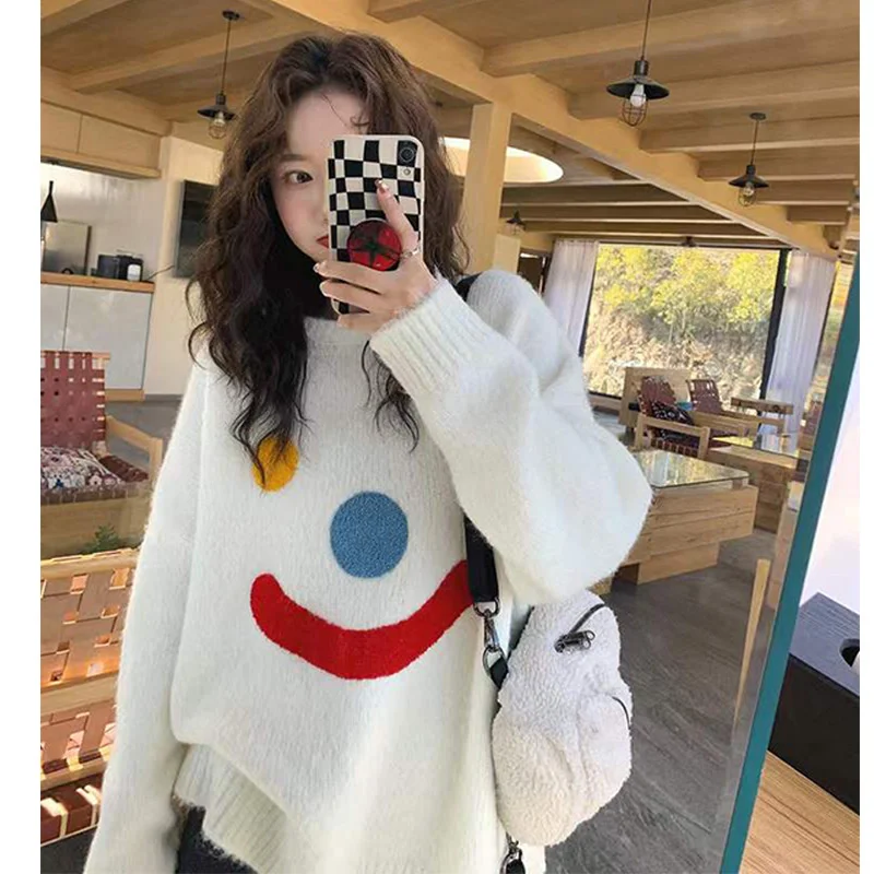 2022 Women Loose Sweater Korean Design Smile Snowmen Winter Pullover Cardigan Oversized Men Top Couple Wear Knitted