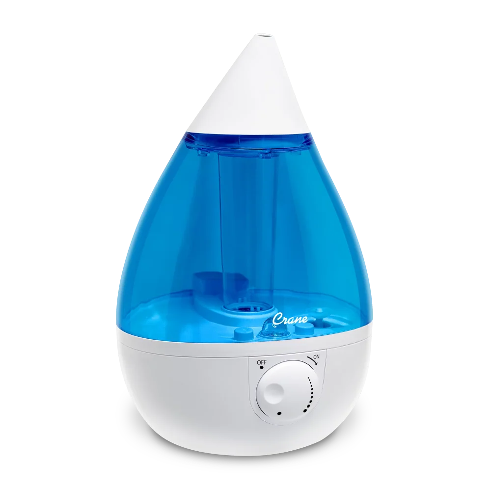 

Crane Drop Ultrasonic Cool Mist Humidifier, 1.0 Gallon, 24 Hour Run Time, Whisper Quiet, 500 Sq. Ft. Coverage, Blue/White