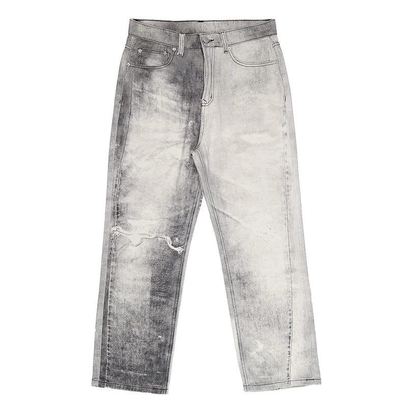 Men's 2022 autumn and winter new fashion brand digital printing retro jeans washed street mid-waist straight trousers